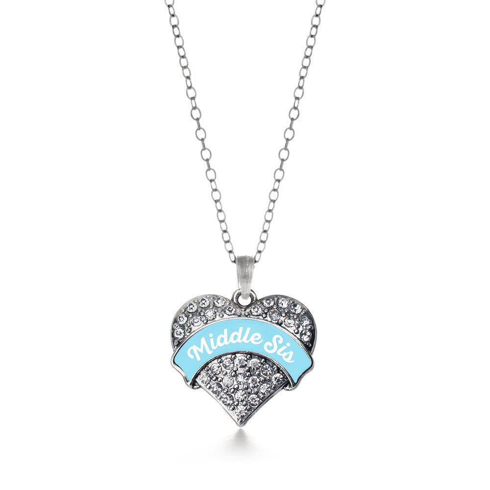 Silver Light Blue Middle Sister Pave Heart Charm Classic Necklace