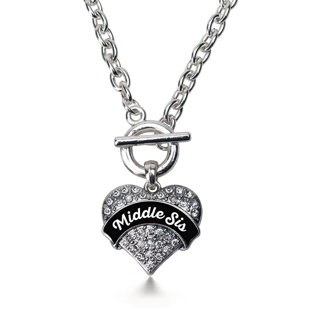 Silver Black and White Middle Sister Pave Heart Charm Toggle Necklace