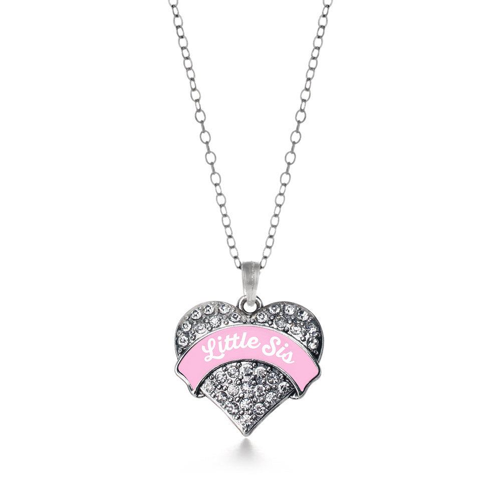 Silver Pink Little Sister Pave Heart Charm Classic Necklace