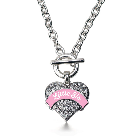 Silver Pink Little Sister Pave Heart Charm Toggle Necklace