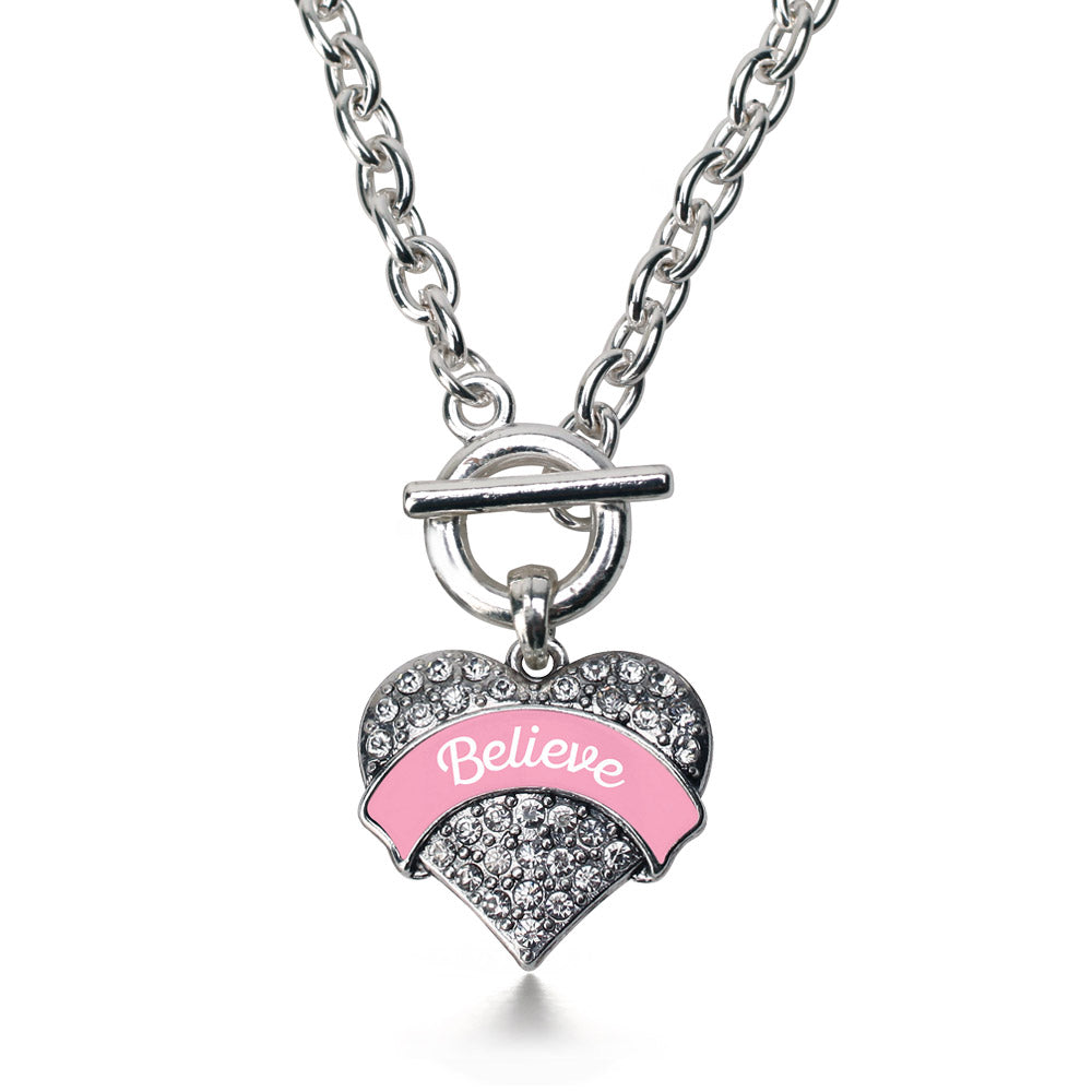 Silver Pink Script Believe Breast Cancer Support Pave Heart Charm Toggle Necklace