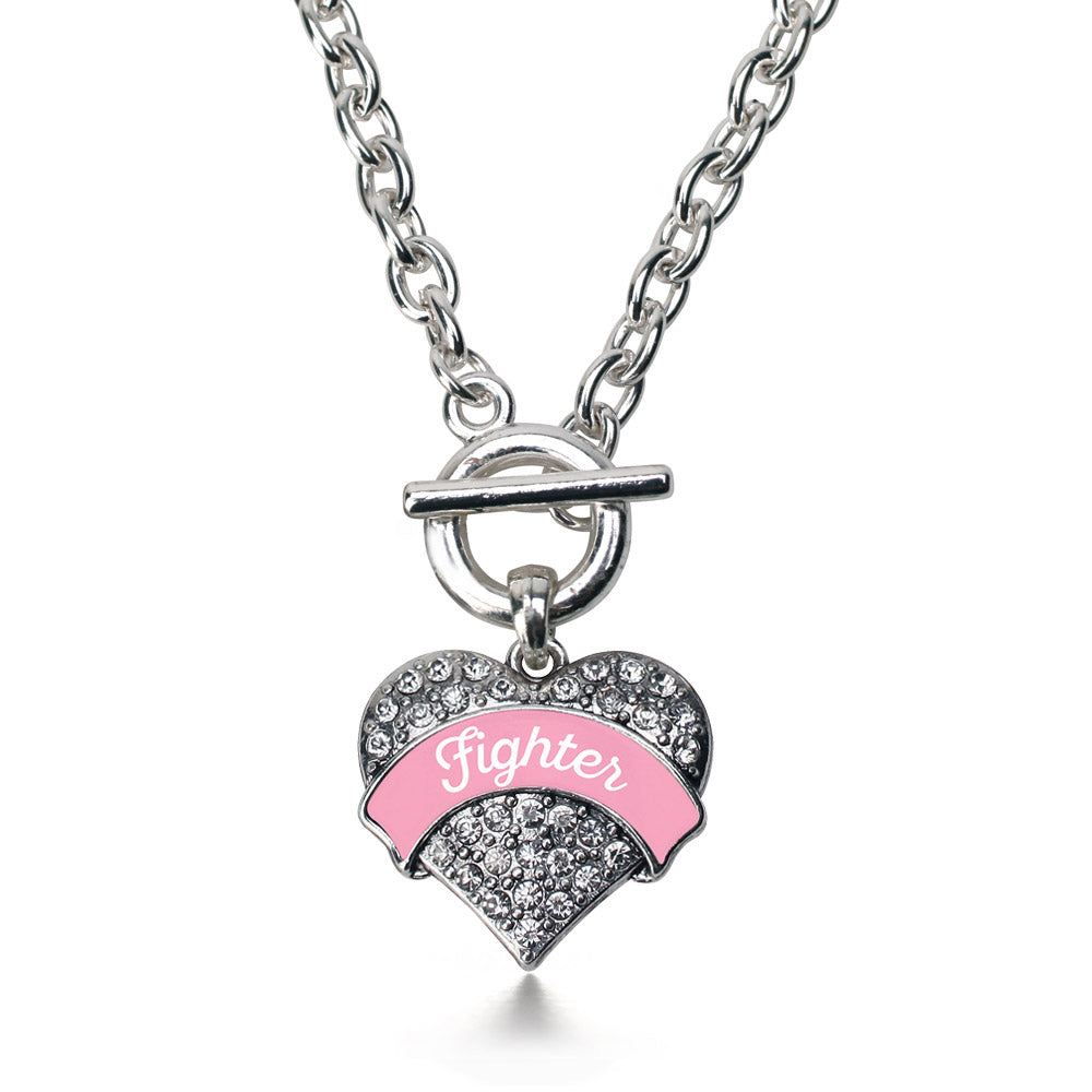 Silver Pink Script Fighter Breast Cancer Support Pave Heart Charm Toggle Necklace
