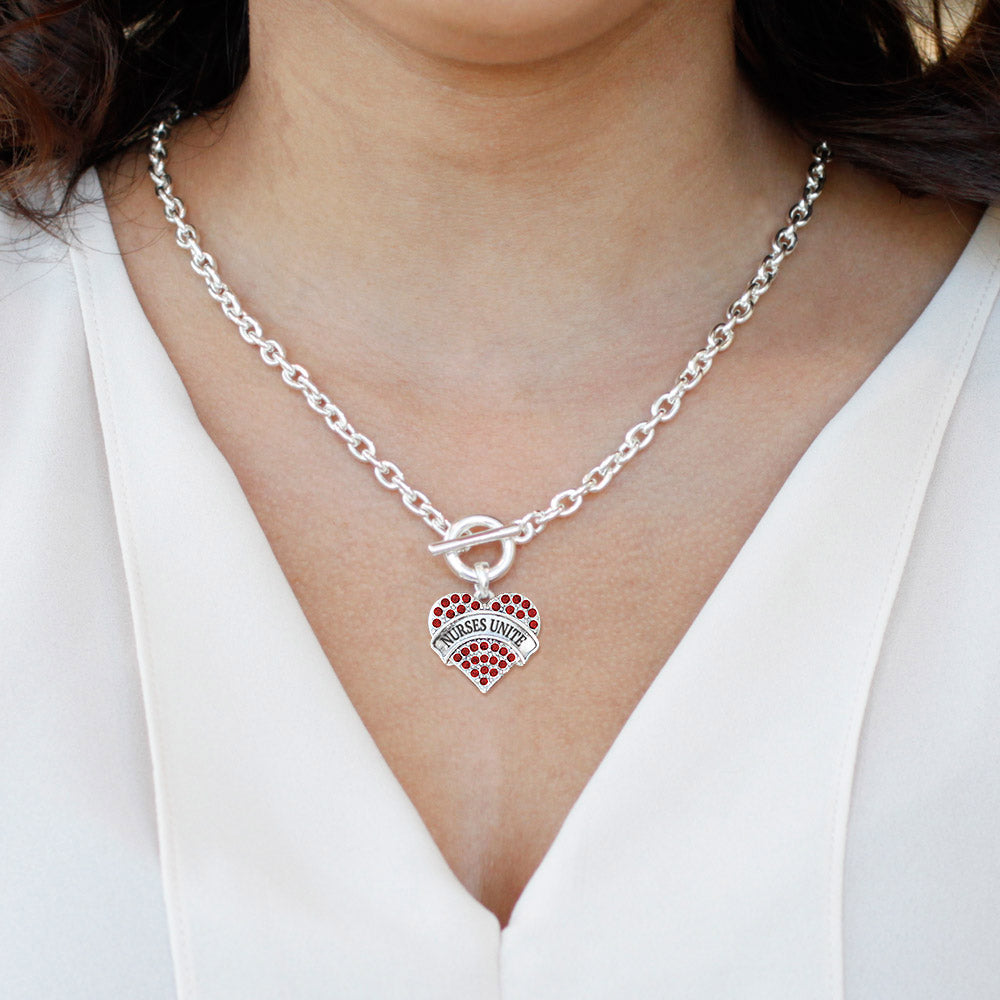 Silver Nurses Unite Red Pave Heart Charm Toggle Necklace