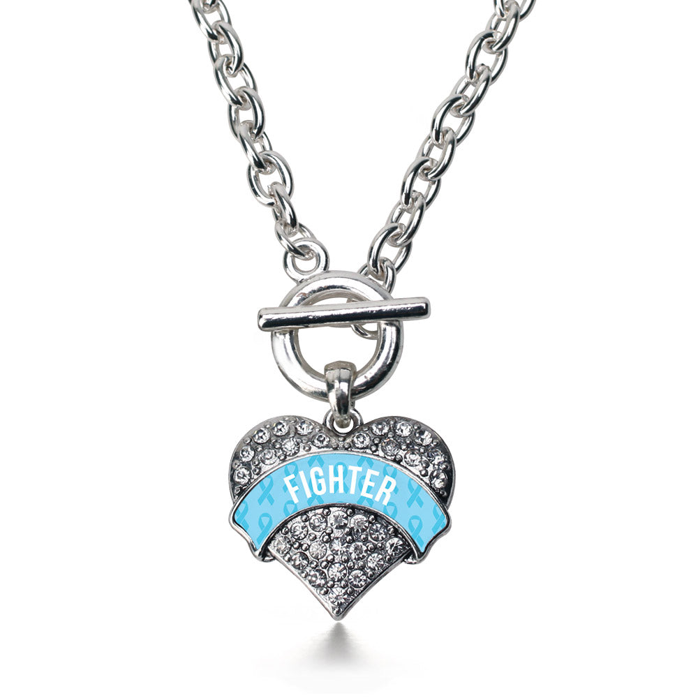 Silver Light Blue Fighter Pave Heart Charm Toggle Necklace