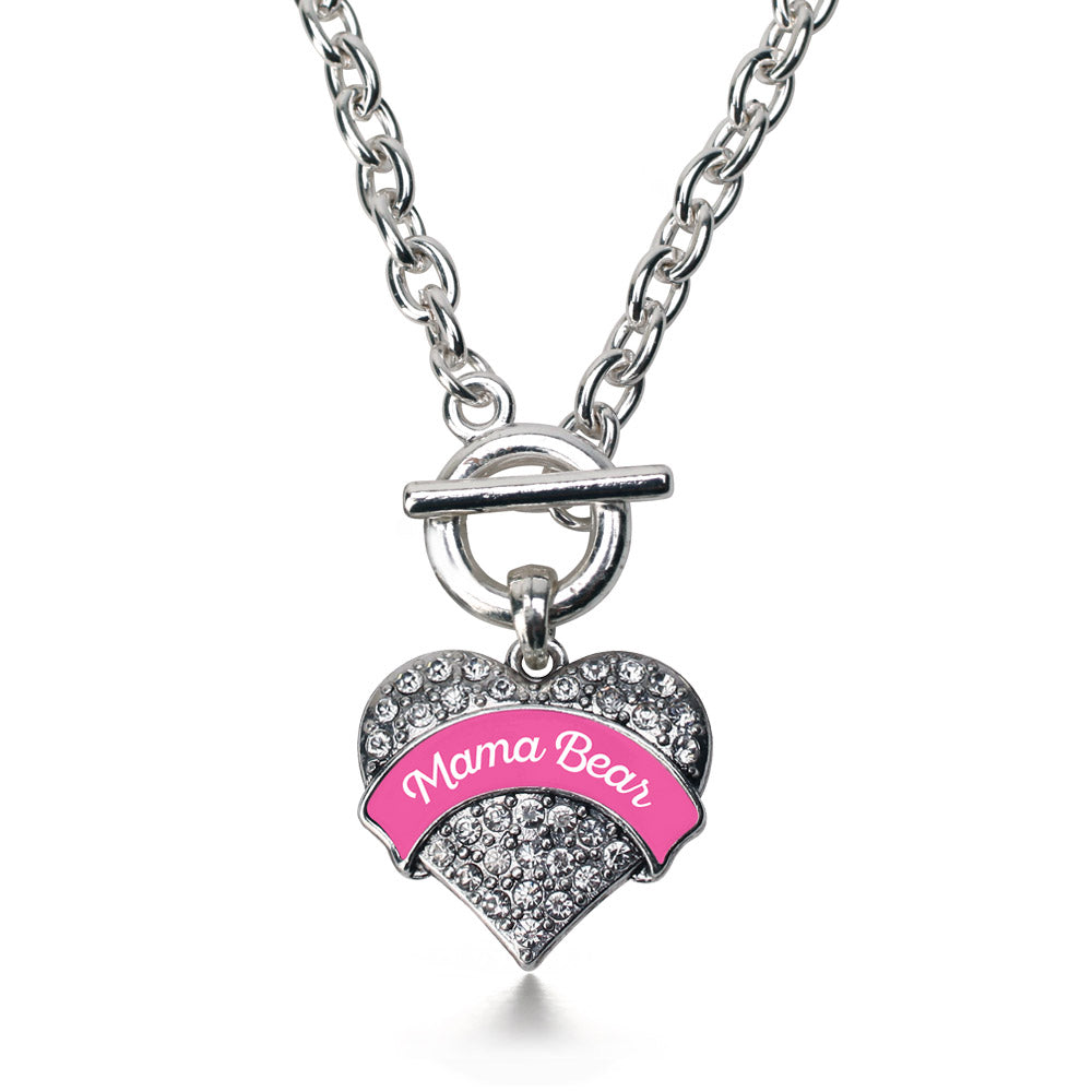 Silver Pink Script Mama Bear Pave Heart Charm Toggle Necklace