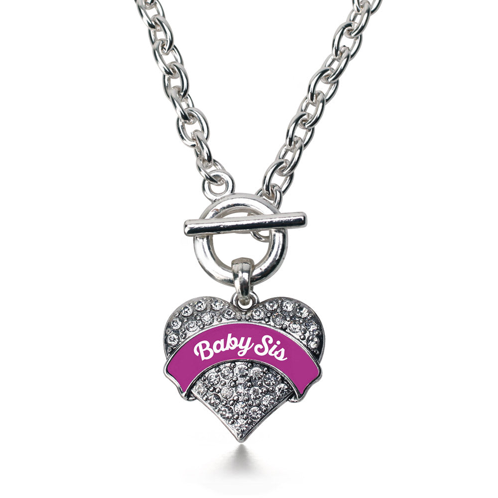 Silver Magenta Baby Sister Pave Heart Charm Toggle Necklace