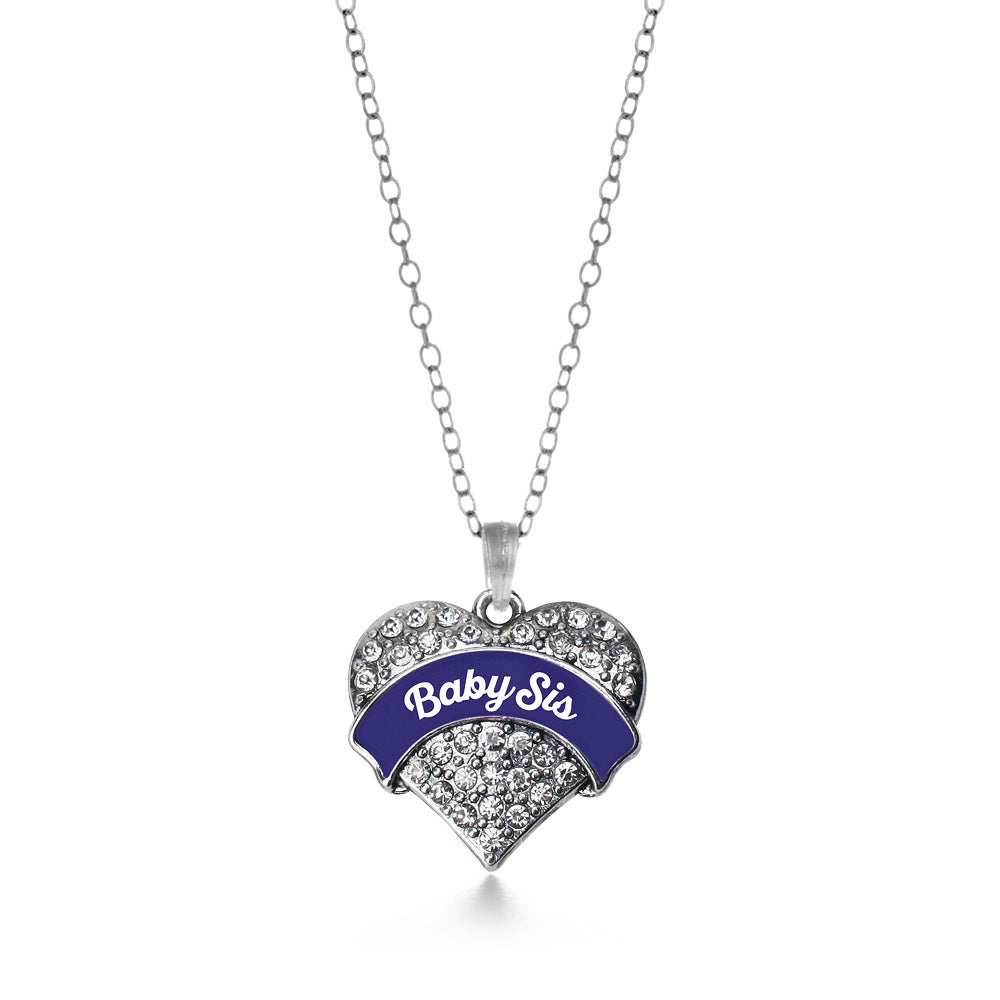 Silver Navy Blue Baby Sister Pave Heart Charm Classic Necklace