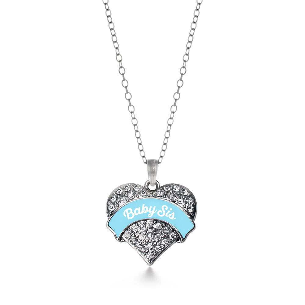 Silver Light Blue Baby Sister Pave Heart Charm Classic Necklace