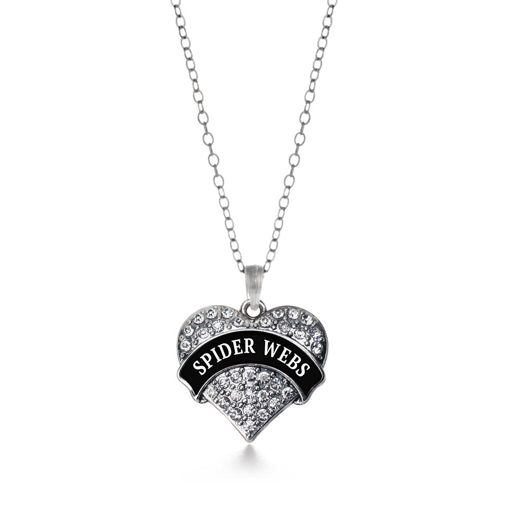 Silver Spider Webs Pave Heart Charm Classic Necklace