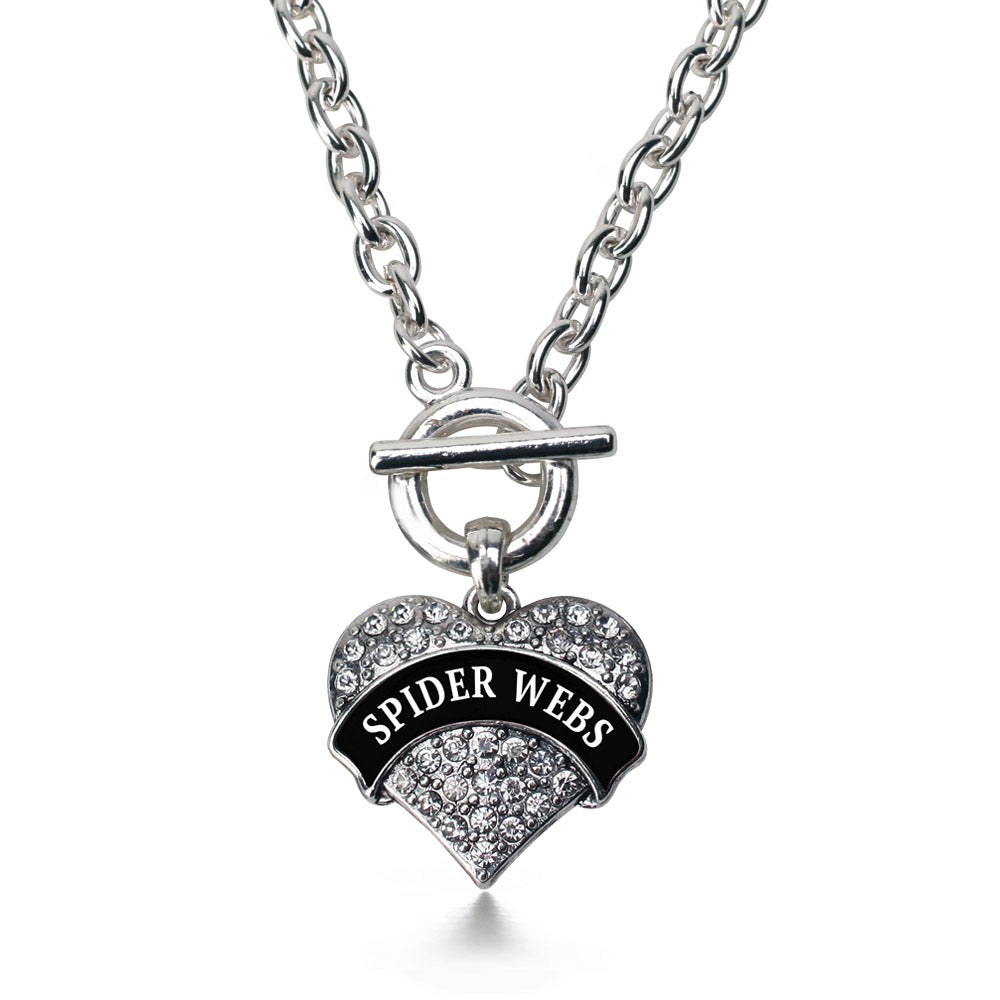 Silver Spider Webs Pave Heart Charm Toggle Necklace