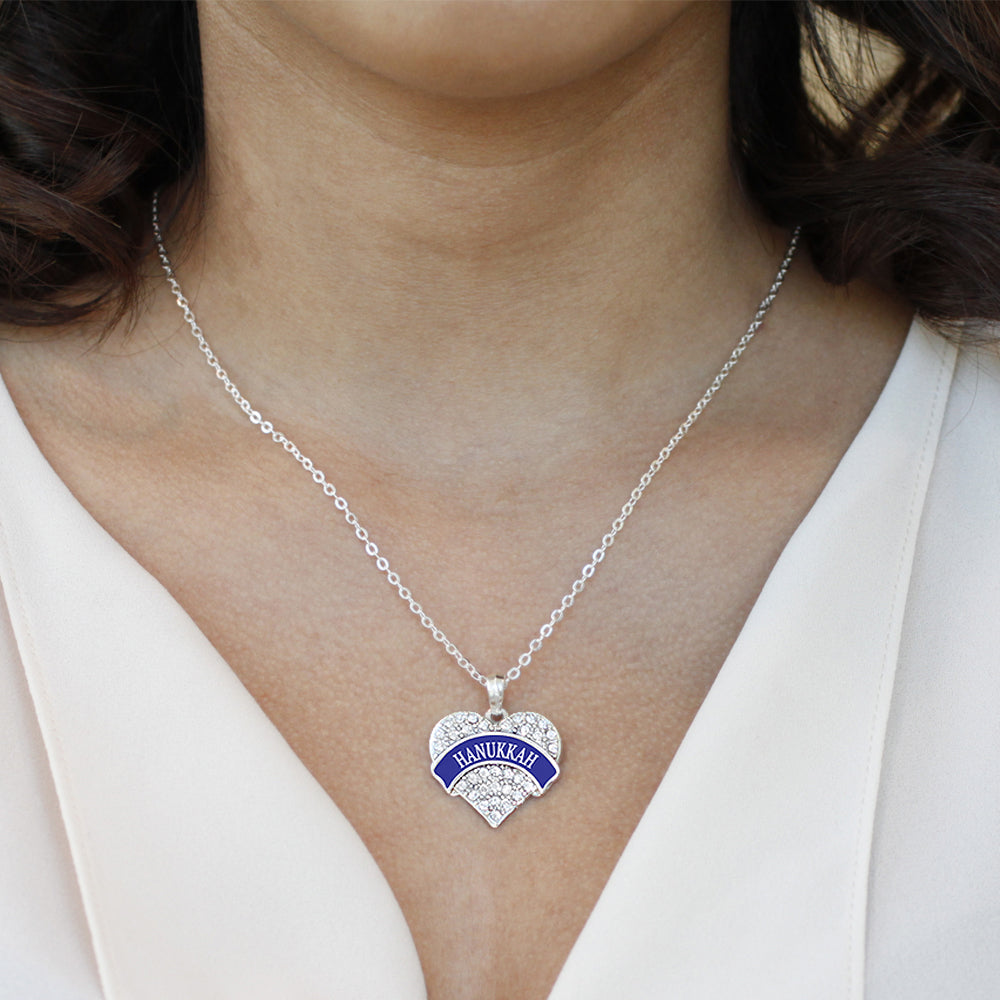 Silver Blue Banner Hanukkah Pave Heart Charm Classic Necklace