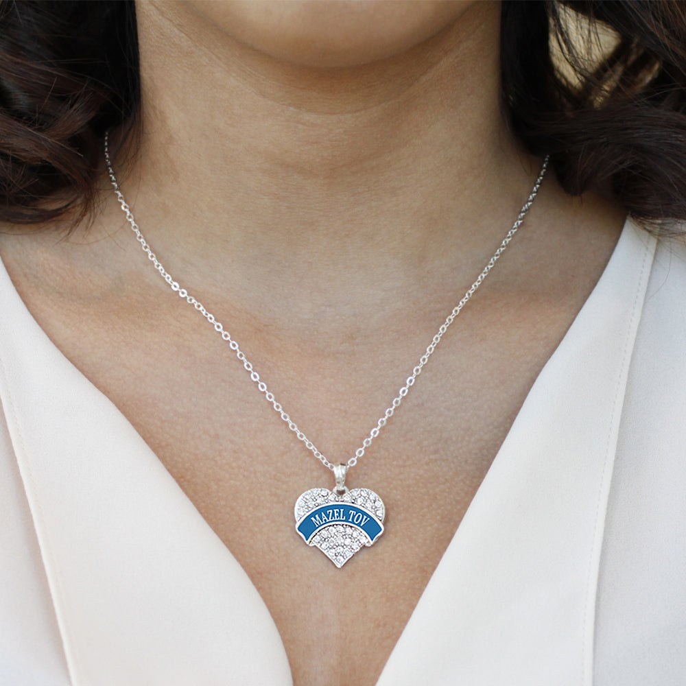 Silver Blue Mazel Tov Pave Heart Charm Classic Necklace