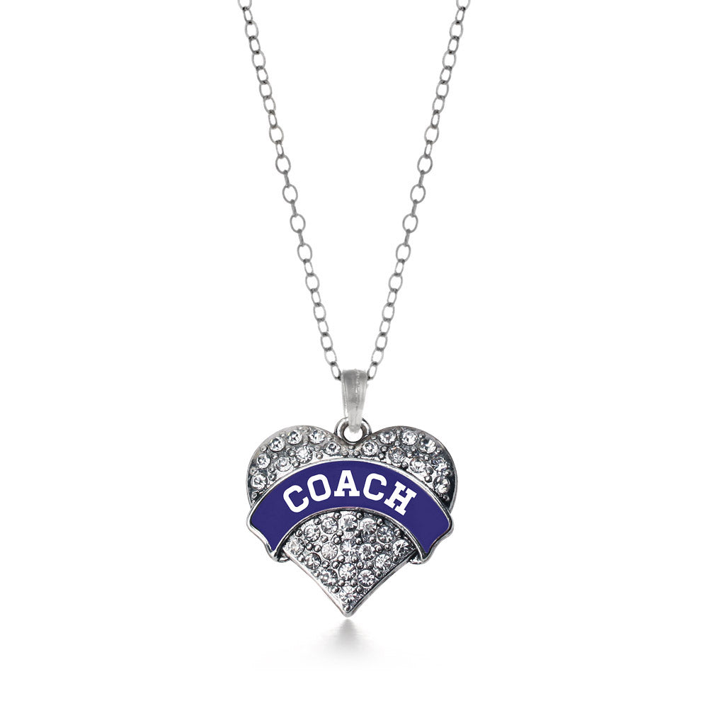 Silver Coach - Navy Blue and White Pave Heart Charm Classic Necklace