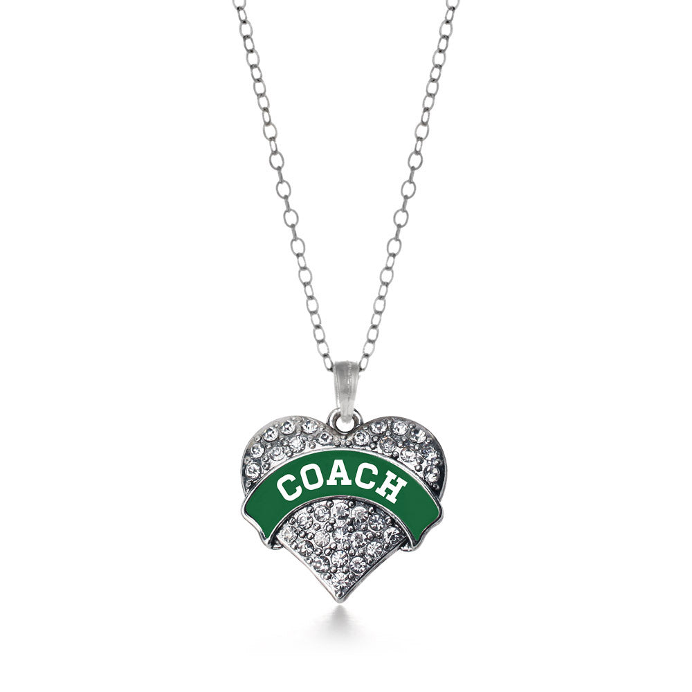 Silver Coach - Forest Green and White Pave Heart Charm Classic Necklace