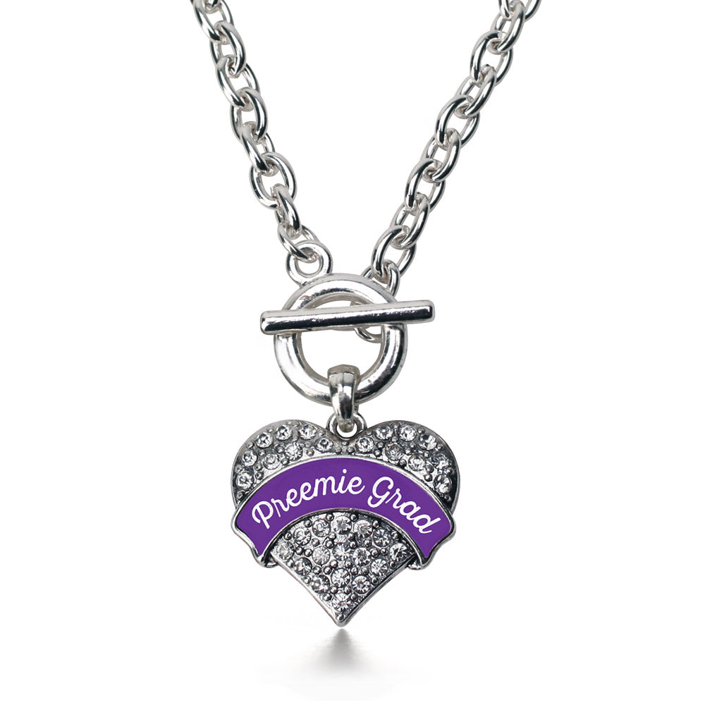 Silver Preemie Grad Pave Heart Charm Toggle Necklace