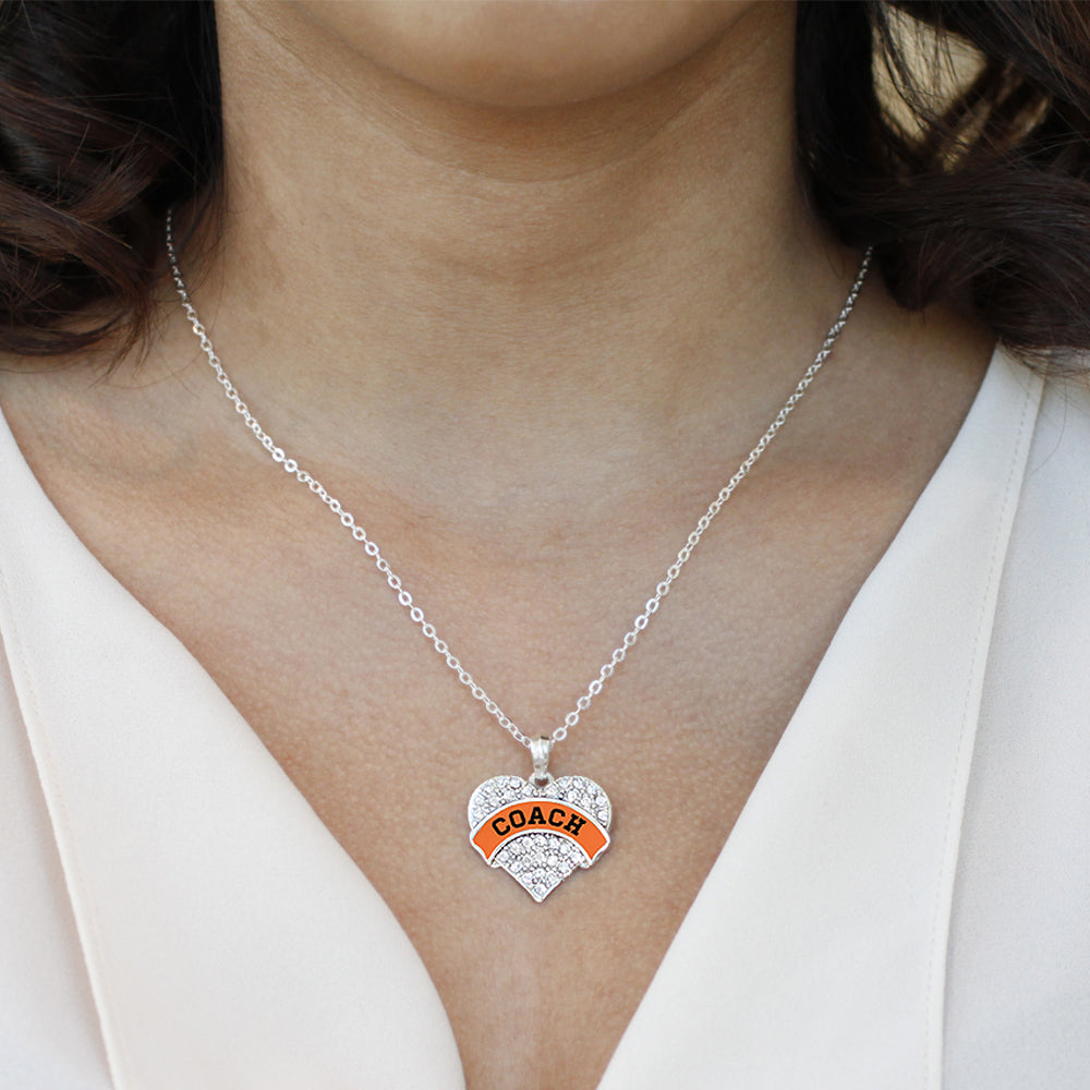 Silver Coach - Orange and Black Pave Heart Charm Classic Necklace