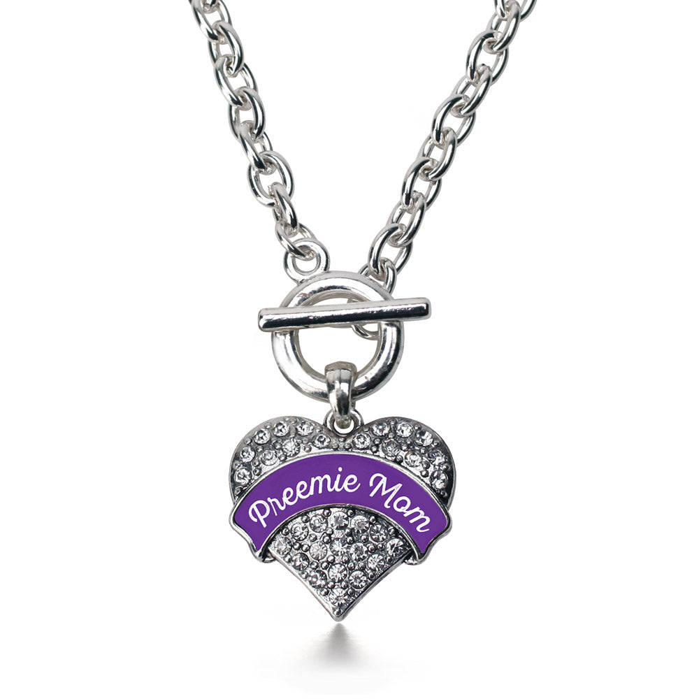 Silver Preemie Mom Pave Heart Charm Toggle Necklace