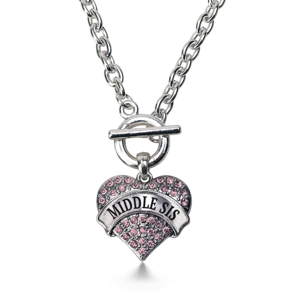 Silver Middle Sis Pink Pink Pave Heart Charm Toggle Necklace