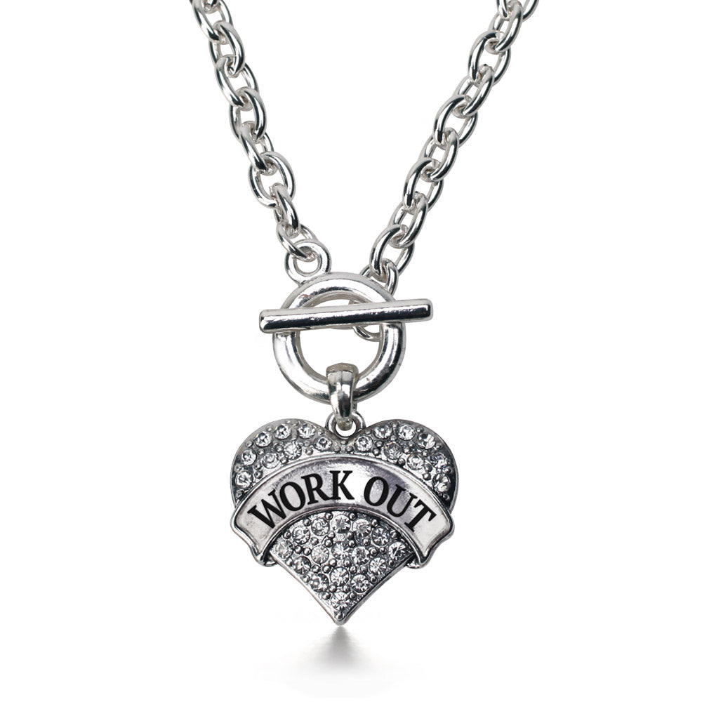 Silver Work Out Pave Heart Charm Toggle Necklace