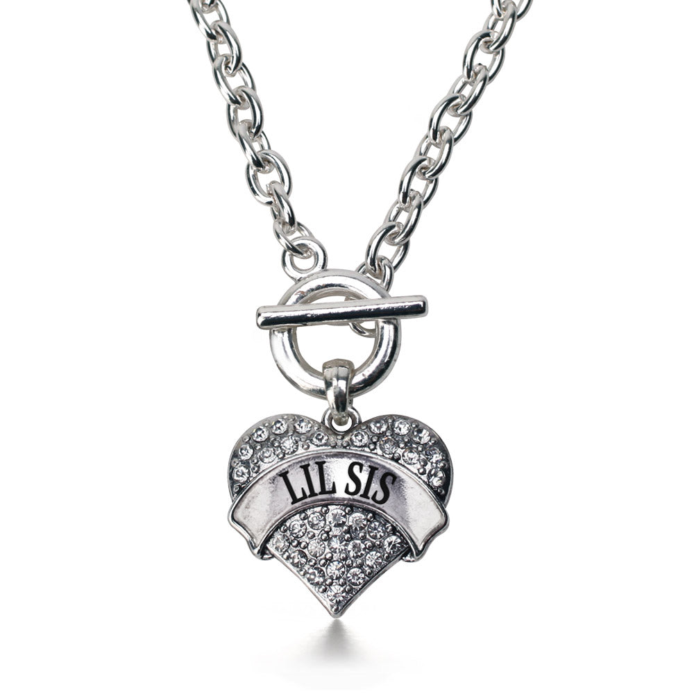 Silver Lil Sis Pave Heart Charm Toggle Necklace