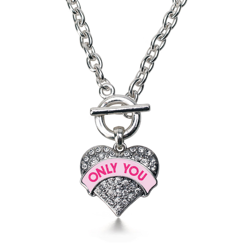 Silver Only You Pink Candy Pave Heart Charm Toggle Necklace