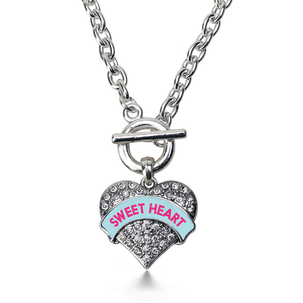Silver Sweet Heart Teal Candy Pave Heart Charm Toggle Necklace