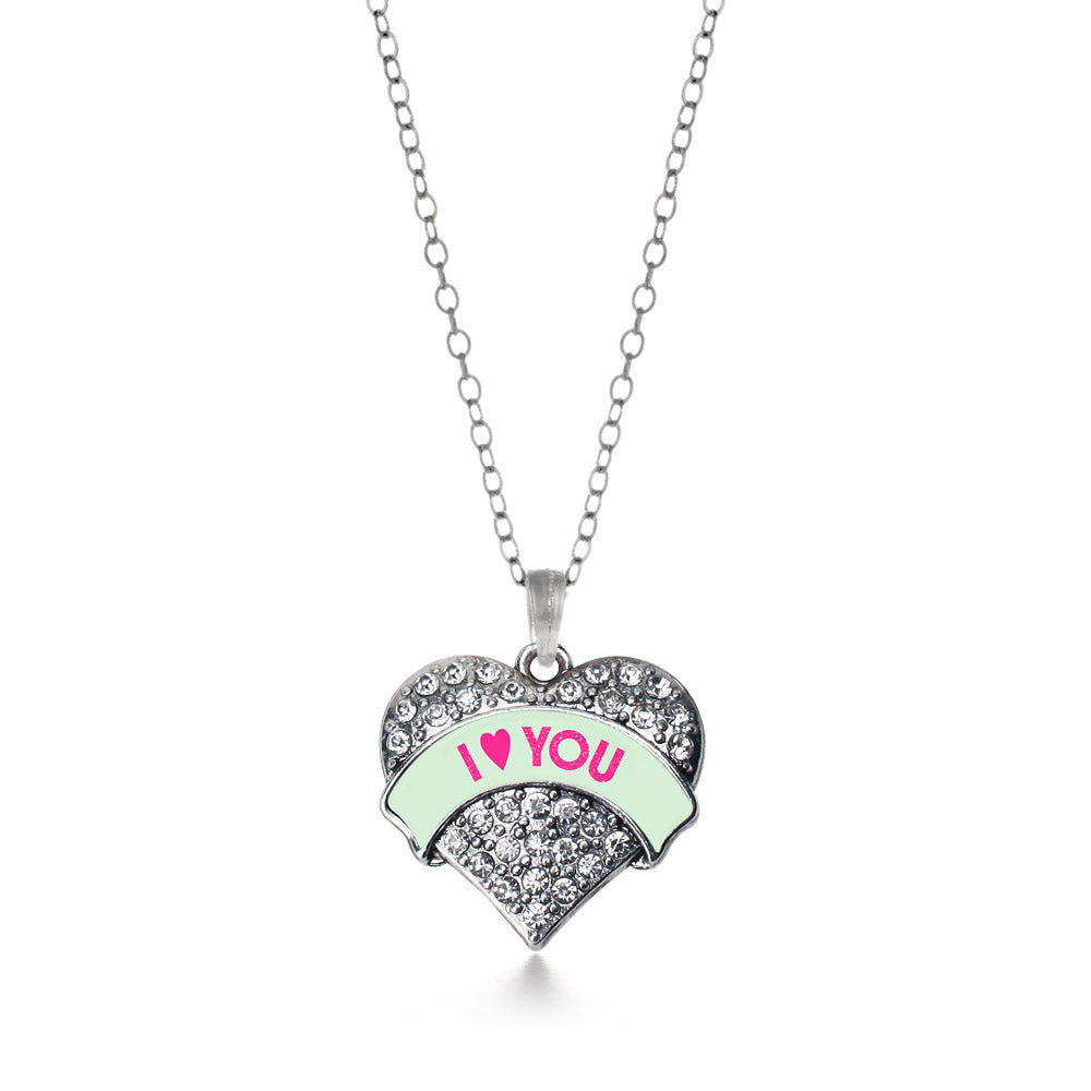 Silver I Love You Green Candy Pave Heart Charm Classic Necklace