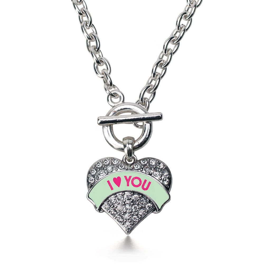 Silver I Love You Green Candy Pave Heart Charm Toggle Necklace
