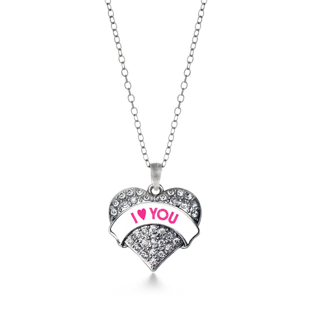 Silver I Love You White Candy Pave Heart Charm Classic Necklace