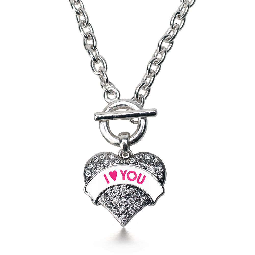 Silver I Love You White Candy Pave Heart Charm Toggle Necklace