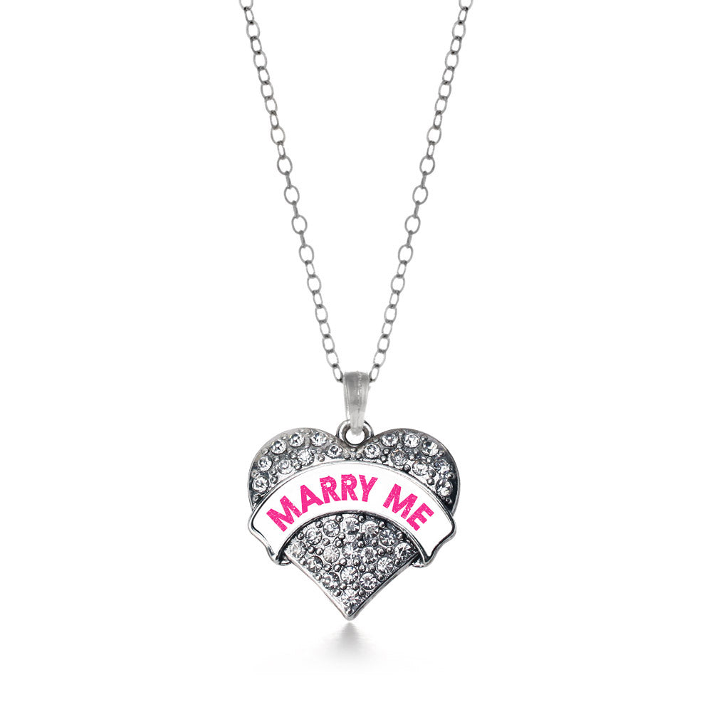 Silver Marry Me White Candy Pave Heart Charm Classic Necklace