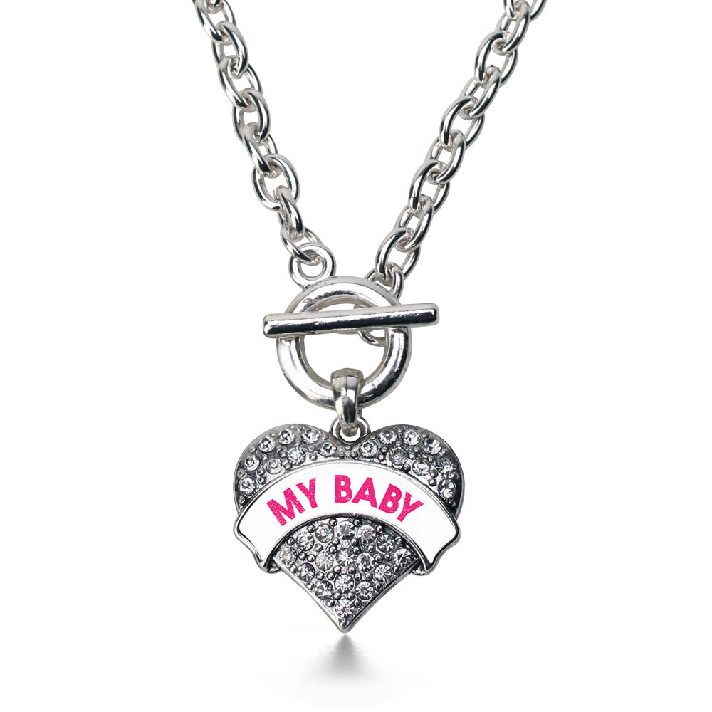 Silver My Baby White Candy Pave Heart Charm Toggle Necklace