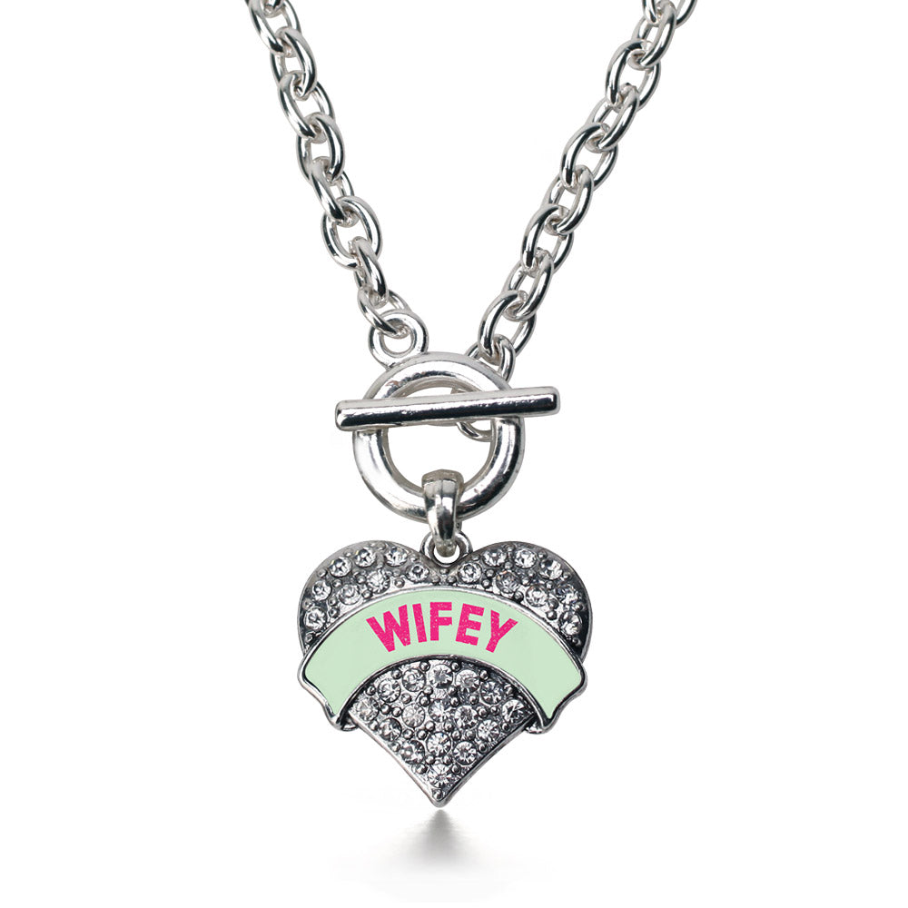 Silver Wifey Green Candy Pave Heart Charm Toggle Necklace