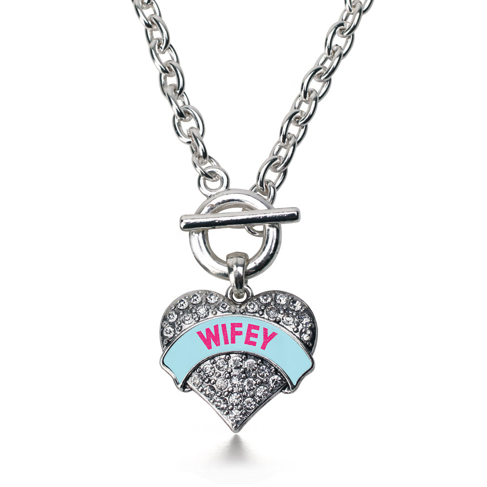 Silver Wifey Teal Candy Pave Heart Charm Toggle Necklace
