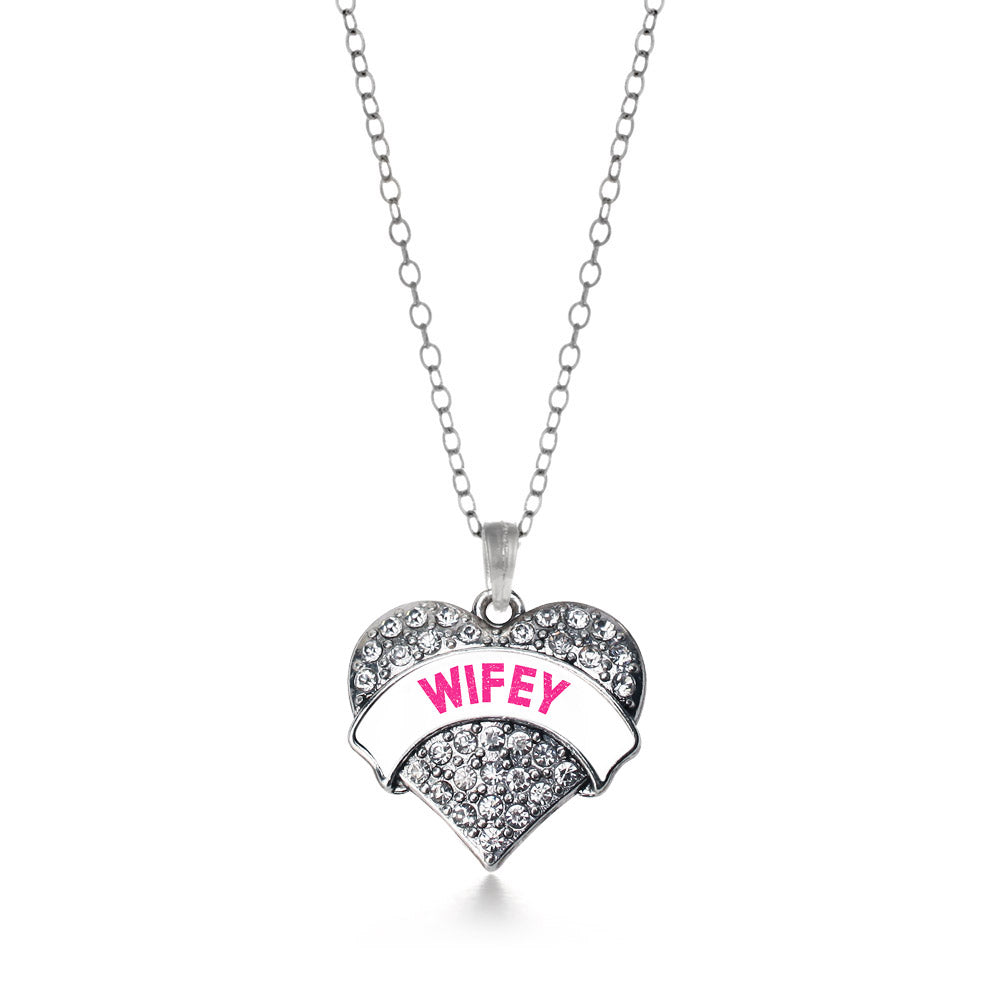 Silver Wifey White Candy Pave Heart Charm Classic Necklace