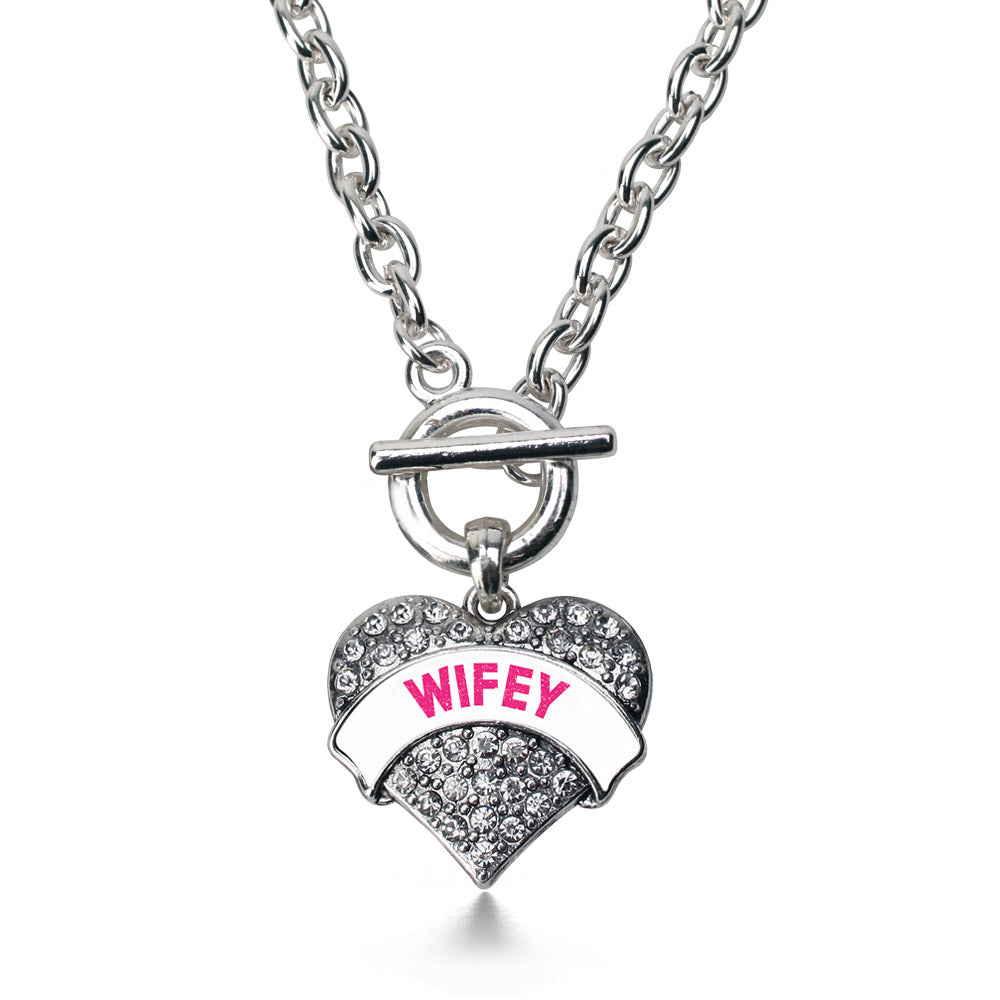 Silver Wifey White Candy Pave Heart Charm Toggle Necklace