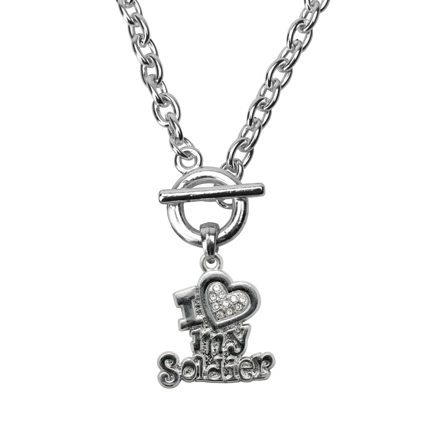 Silver I Love My Soldier Charm Toggle Necklace