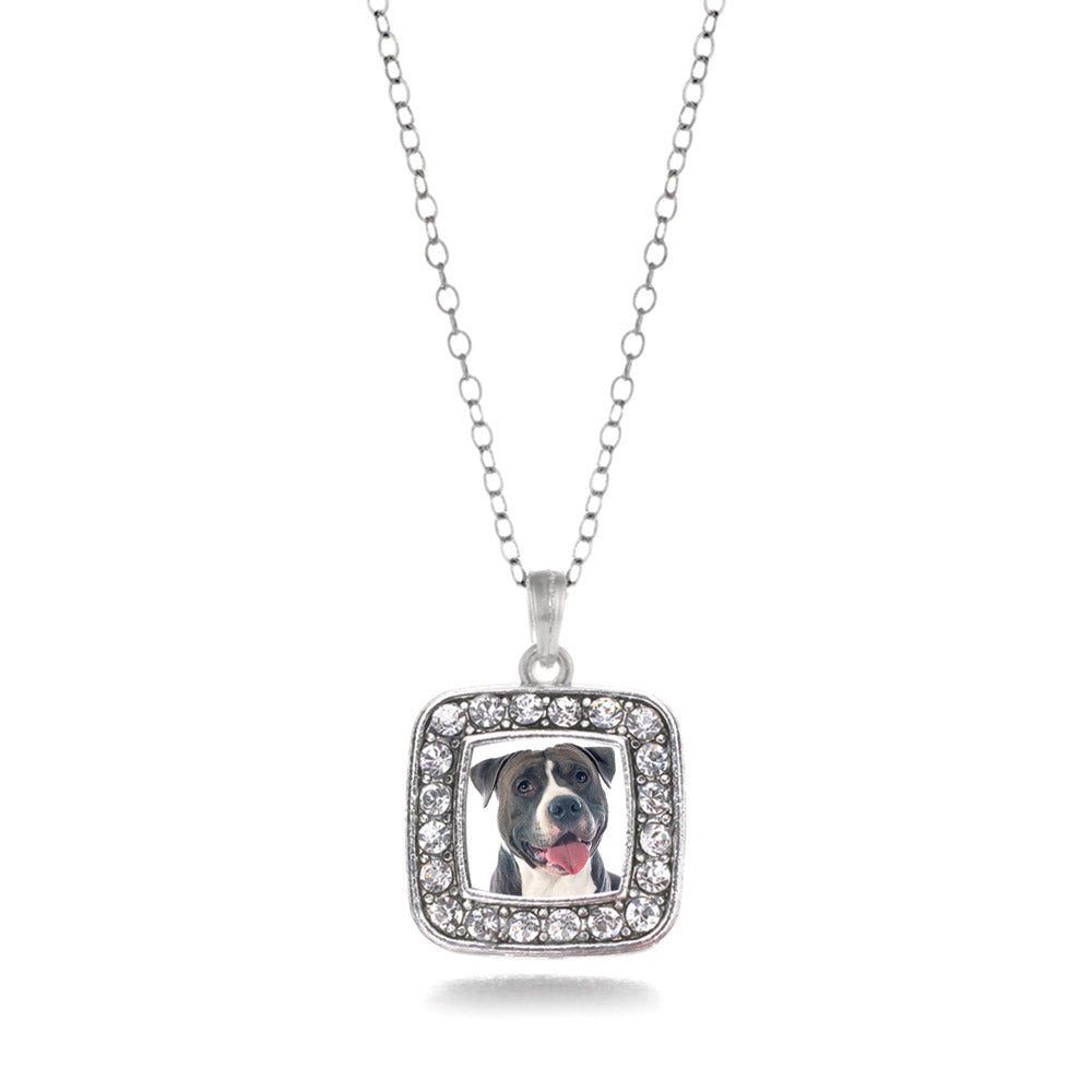 Silver Blue Pit Bull Square Charm Classic Necklace