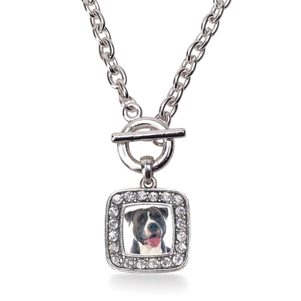 Silver Blue Pit Bull Square Charm Toggle Necklace