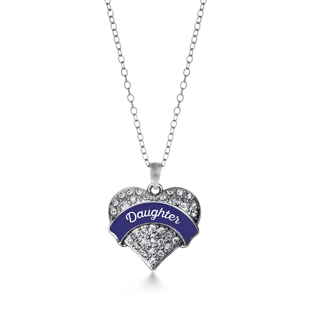 Silver Navy Blue Daughter Pave Heart Charm Classic Necklace