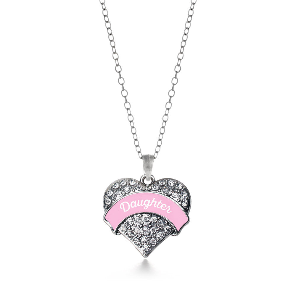 Silver Pink Daughter Pave Heart Charm Classic Necklace