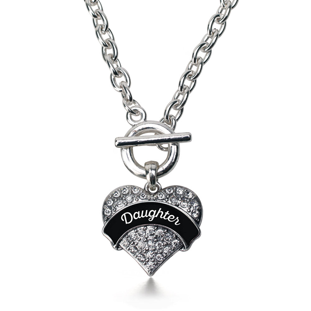 Silver Black and White Daughter Pave Heart Charm Toggle Necklace