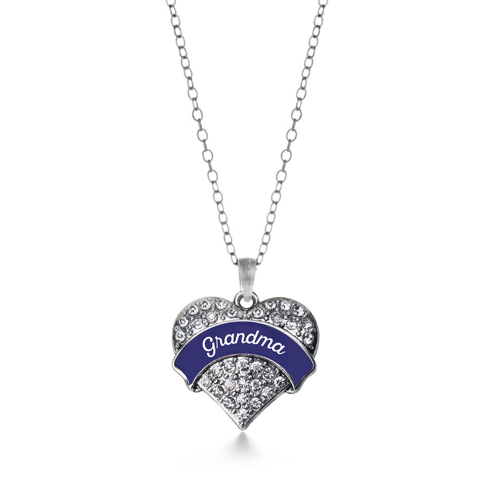 Silver Navy Blue Grandma Pave Heart Charm Classic Necklace