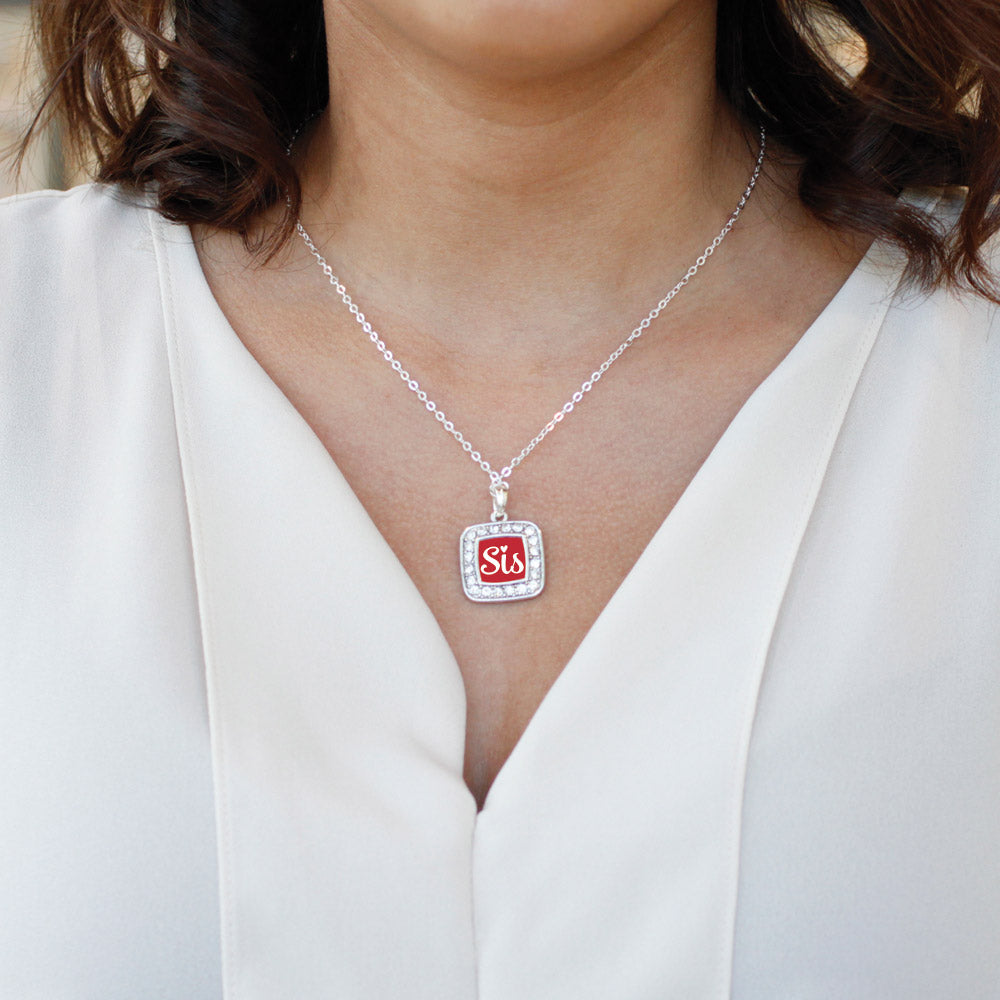 Silver Sis Red Script Square Charm Classic Necklace