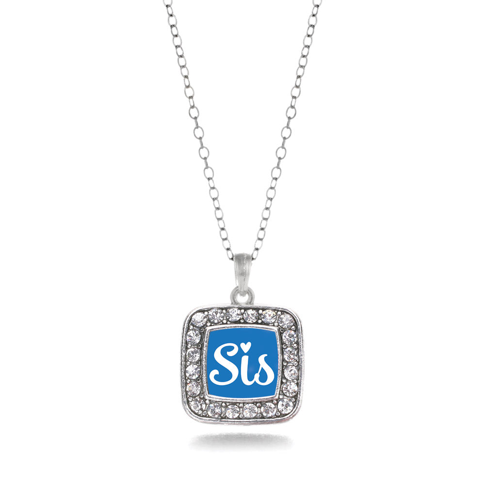 Silver Sis Blue Script Square Charm Classic Necklace
