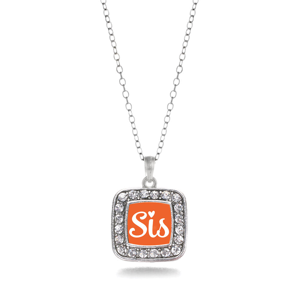 Silver Sis Orange Script Square Charm Classic Necklace