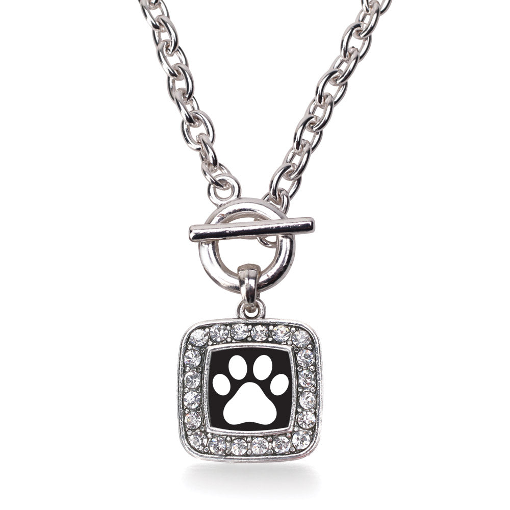 Silver Black and White Paw Print Square Charm Toggle Necklace
