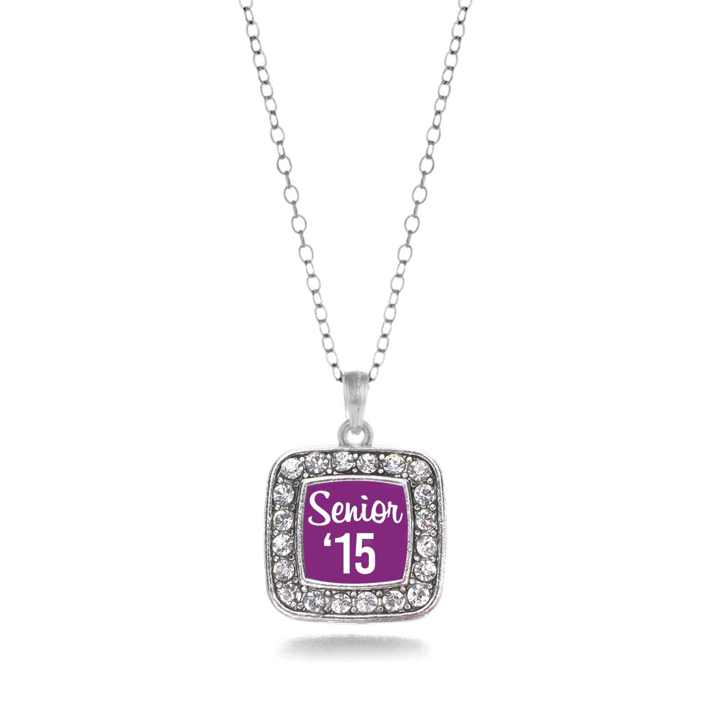 Silver Purple Senior '15 Square Charm Classic Necklace