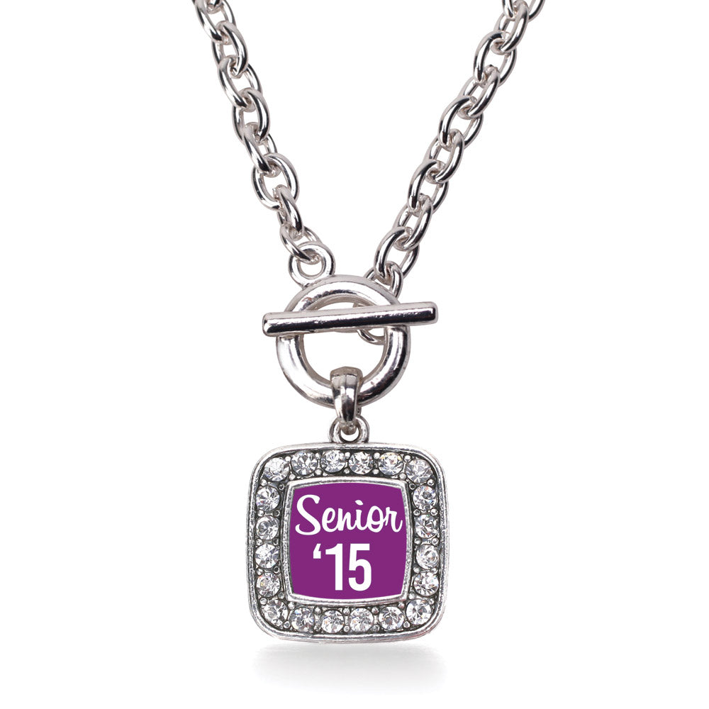 Silver Purple Senior '15 Square Charm Toggle Necklace