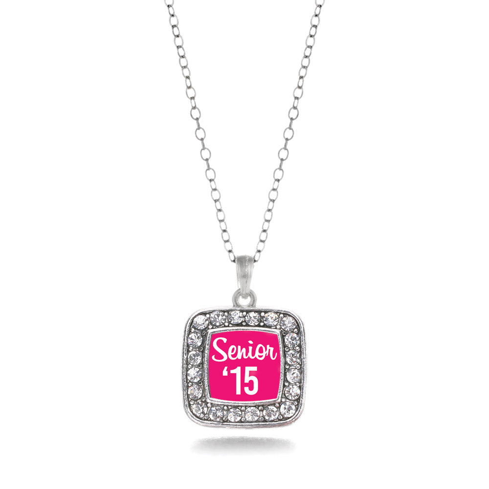 Silver Fuchsia Senior '15 Square Charm Classic Necklace